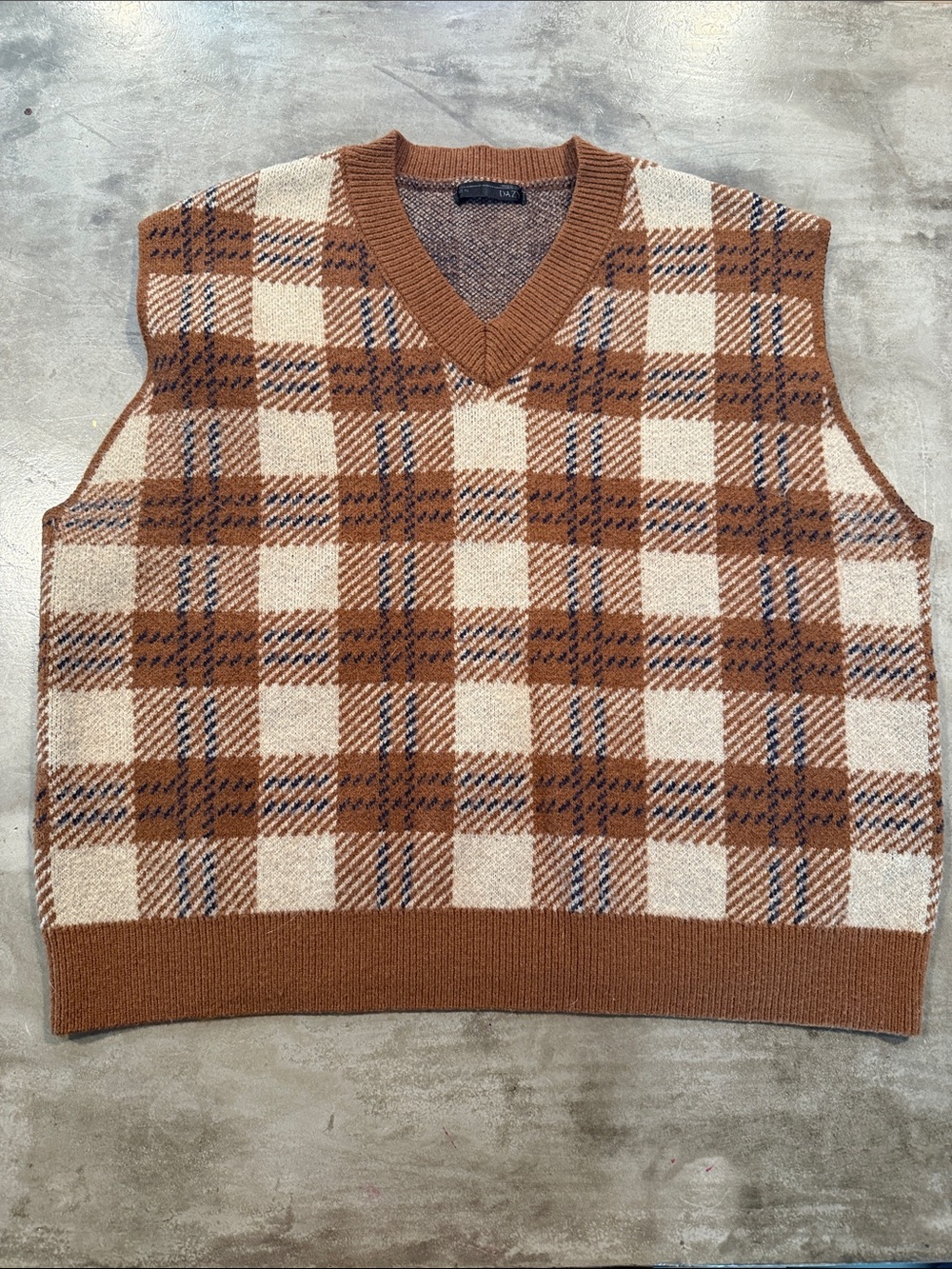 Plaid V-Neck Sweater Vest in Brown and Cream by